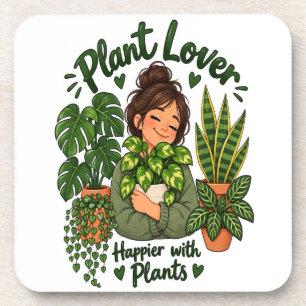 Plant Lover – Happier with Plants Cute Houseplant Beverage Coaster