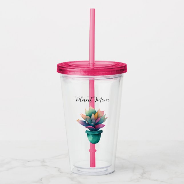 Plant Mom Colorful Watercolor Plant Acrylic Tumbler (Front)