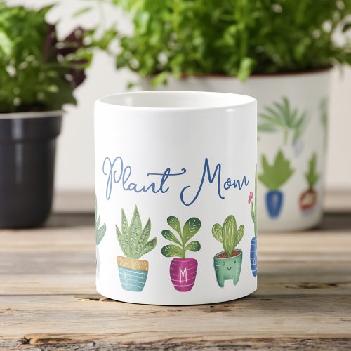 Plant Mom Fun  Cute Potted Plants Monogram Coffee Mug