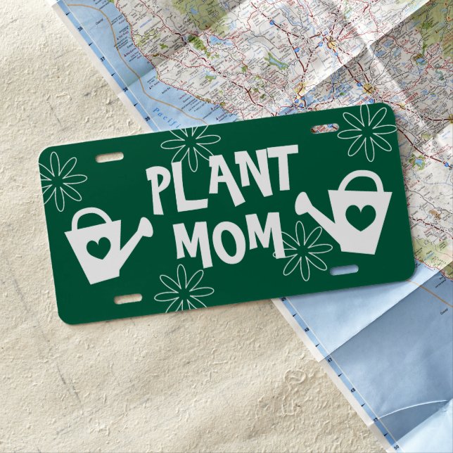 Plant Mom funny vanity car license plate (In Situ)