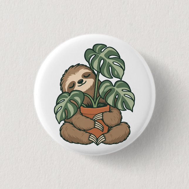 Plant Parent Sloth Hugging Monstera Button (Front)