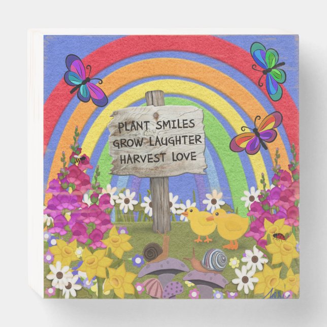 Plant Smiles Garden Saying Flowers Wooden Box Sign (Front Horizontal)
