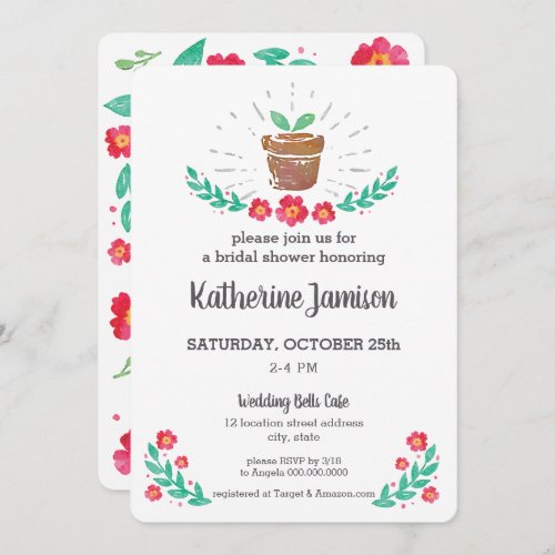 Plant Sprout Red Floral Watercolor Bridal Shower Invitation