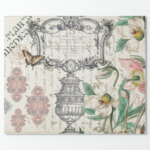 PLANTA MEDICA VINTAGE BOTANICAL  SCRIPT DECOUPAGE WRAPPING PAPER