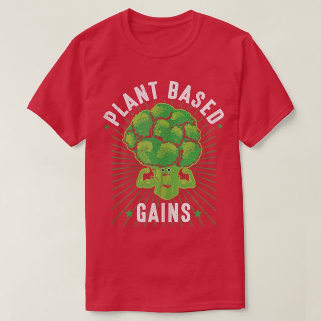 PlantBased Gains  Funny Broccoli Vegan Gym Workout T-Shirt (Design Front)