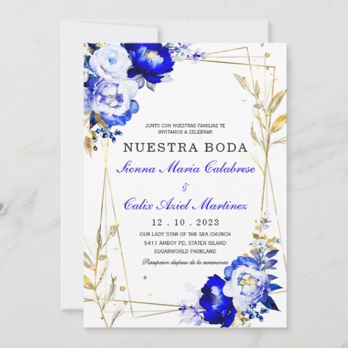 Plantilla de boda en azul real y dorado invitation