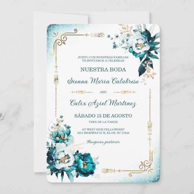 Plantilla de Boda Verde Azulado y Dorado Invitation (Front)