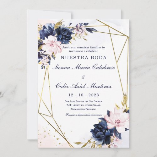 Plantilla de invitacin de boda azul real y rubor invitation