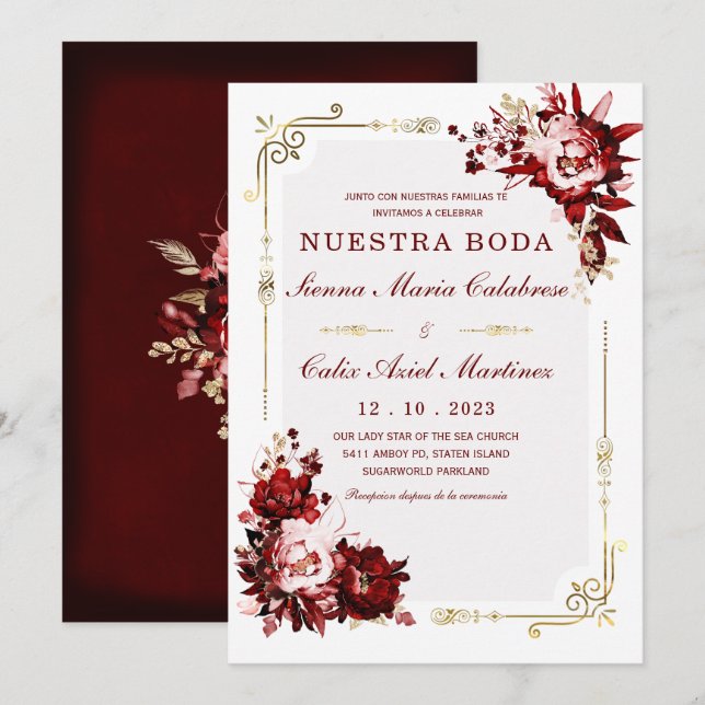 Plantilla Editable de Boda en Burdeos y Dorado Invitation (Front/Back)