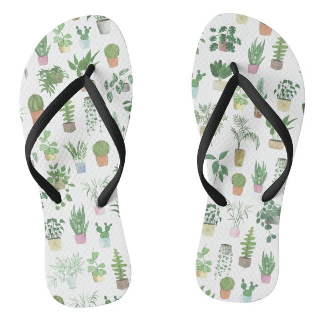 Plantita House Plants and Pots Pattern Flip Flops (Footbed)