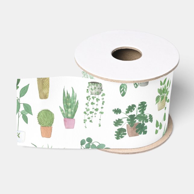 Plantita House Plants and Pots Pattern Grosgrain Ribbon (Spool)