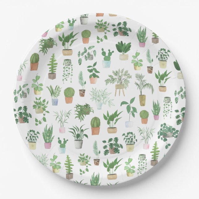 Plantita House Plants and Pots Pattern Paper Plates (Front)