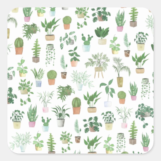 Plantita House Plants and Pots Pattern Square Sticker (Front)