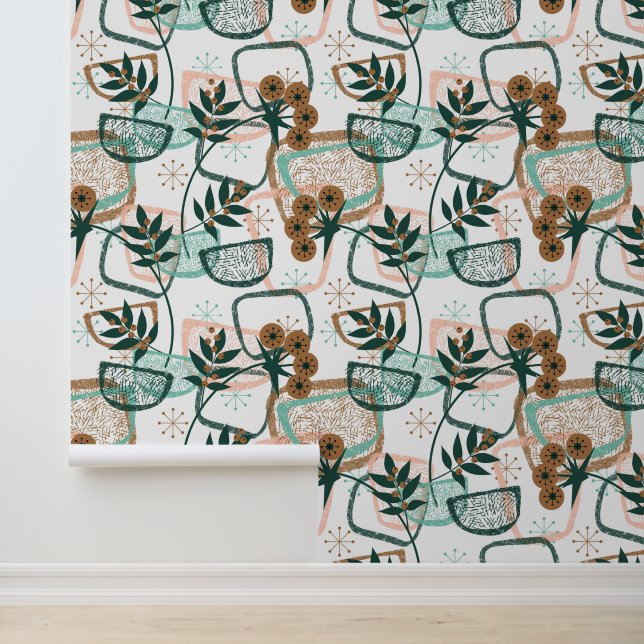 Plants and Pots Aqua Beige Mid Century Style Wallpaper (Application)