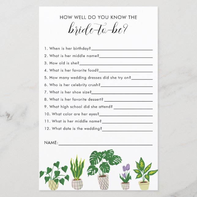 Plants Bridal Shower Game How Well do you know  (Front)