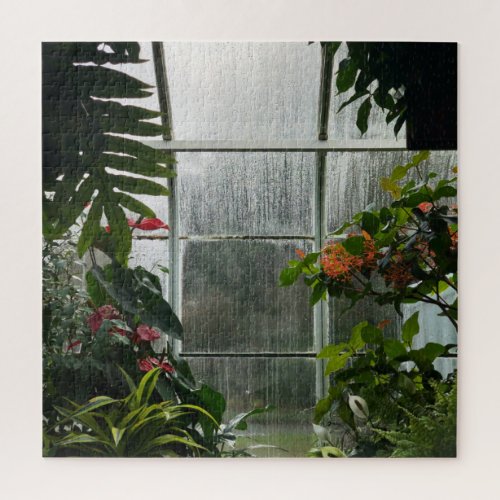 Plants Inside Greenhouse on Rainy Day Jigsaw Puzzle