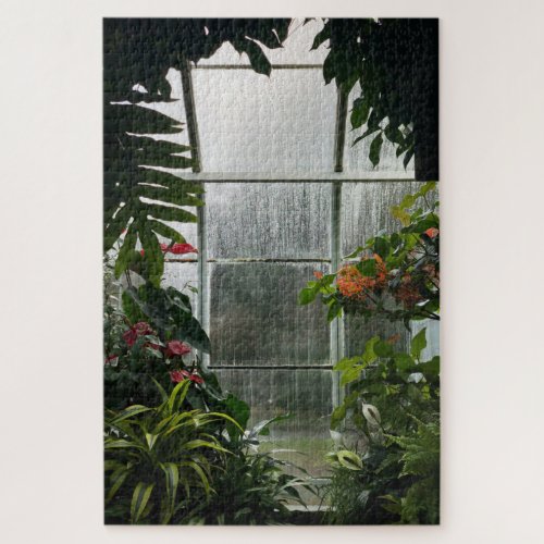 Plants Inside Greenhouse on Rainy Day Jigsaw Puzzle