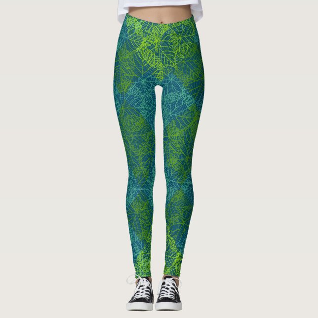 Plants pattern.11b Blue BG Leggings (Front)