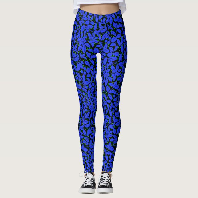 Plants pattern A09.blue b Black BG Leggings (Front)