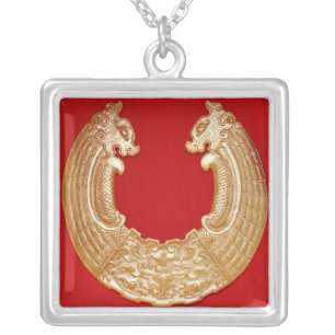 Plaque with two dragons and a Tao-tie mask Silver Plated Necklace