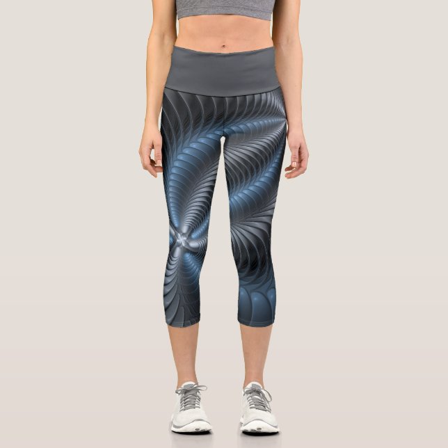 Plastic Blue Gray 3D Fractal Art Modern Abstract Capri Leggings (Front)
