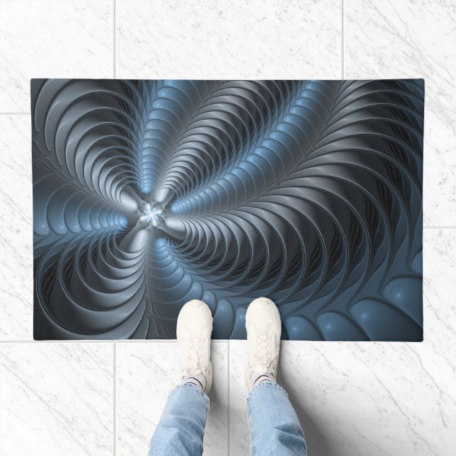 Plastic Blue Gray 3D Fractal Art Modern Abstract Doormat (Indoor)