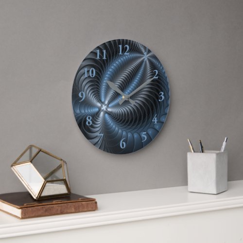 Plastic Blue Gray 3D Fractal Art Modern Abstract Large Clock