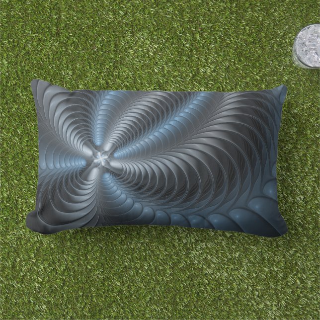 Plastic Blue Gray 3D Fractal Art Modern Abstract Lumbar Pillow (Grass)
