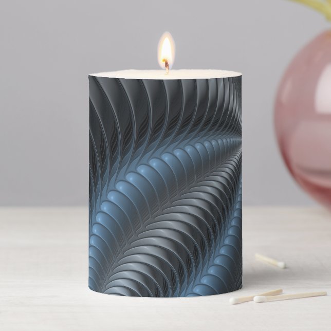 Plastic Blue Gray 3D Fractal Art Modern Abstract Pillar Candle (In Situ)