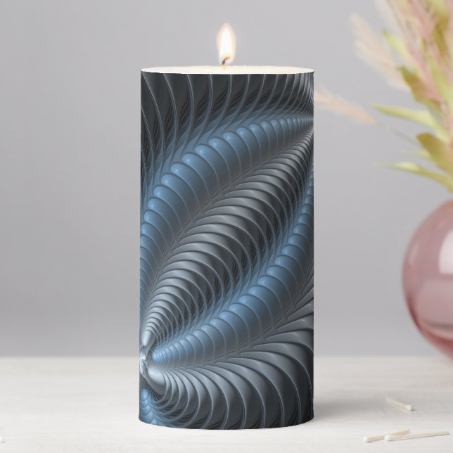 Plastic Blue Gray 3D Fractal Art Modern Abstract Pillar Candle (In Situ)