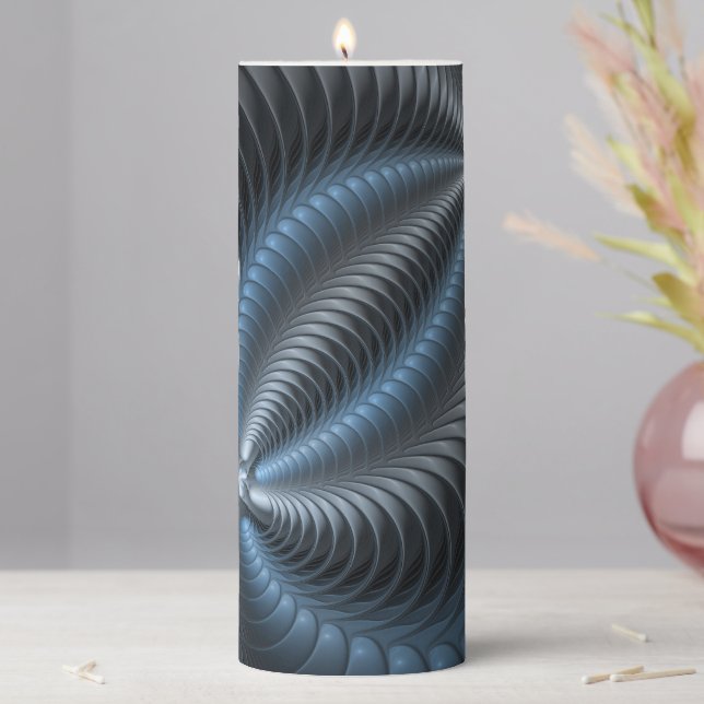 Plastic Blue Gray 3D Fractal Art Modern Abstract Pillar Candle (In Situ)
