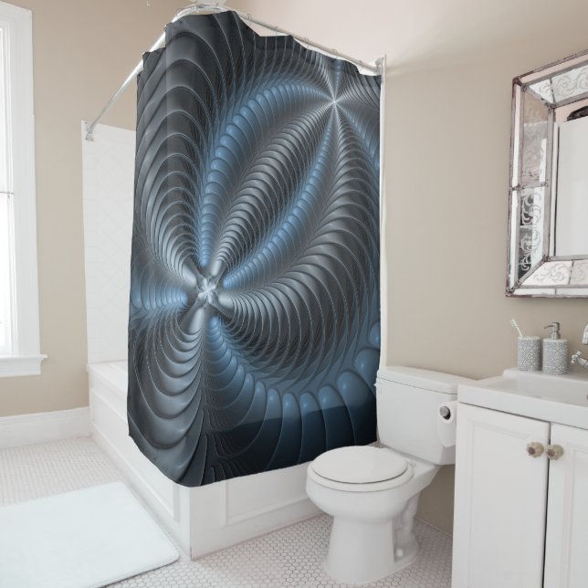 Plastic Blue Gray 3D Fractal Art Modern Abstract Shower Curtain (In Situ)