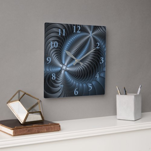 Plastic Blue Gray 3D Fractal Art Modern Abstract Square Wall Clock