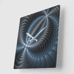 Plastic Blue Gray 3D Fractal Art Modern Abstract Square Wall Clock