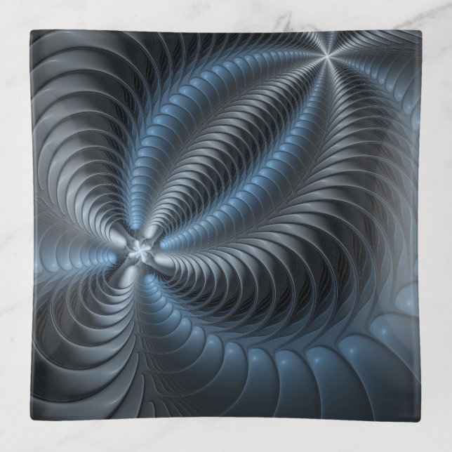Plastic Blue Gray 3D Fractal Art Modern Abstract Trinket Tray (Front)