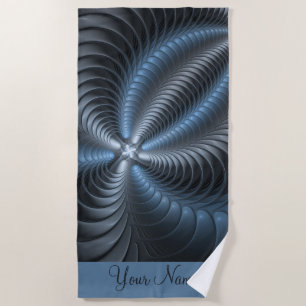 Plastic Blue Gray 3D Fractal Modern Abstract Name Beach Towel