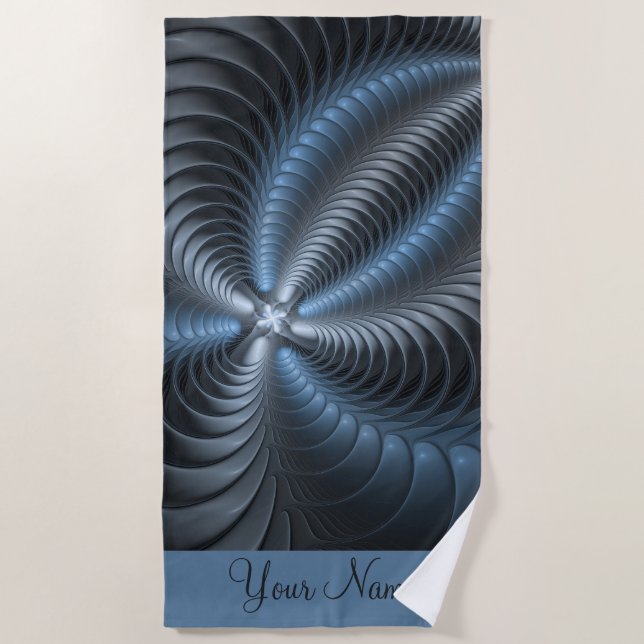 Plastic Blue Gray 3D Fractal Modern Abstract Name Beach Towel (Front)