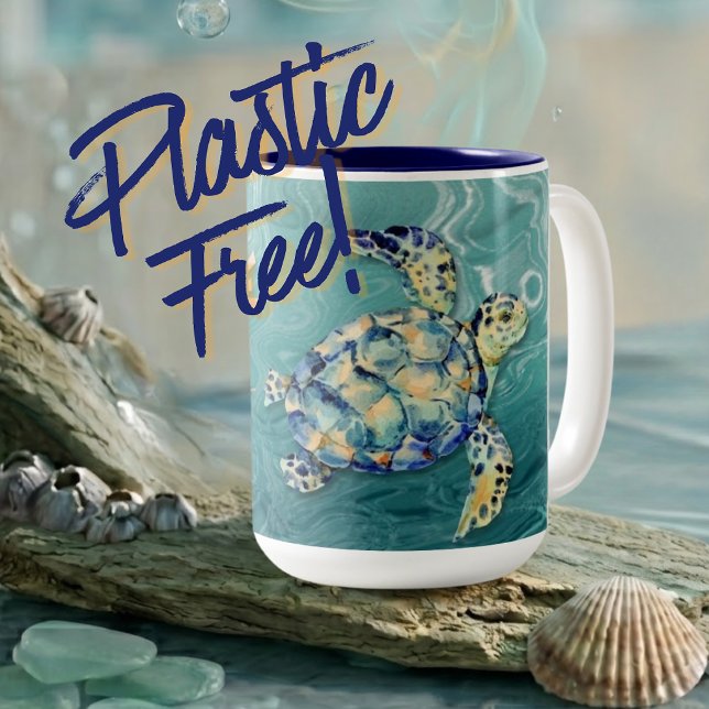 Plastic Free Sea Turtle Two-Tone Coffee Mug (Creator Uploaded)