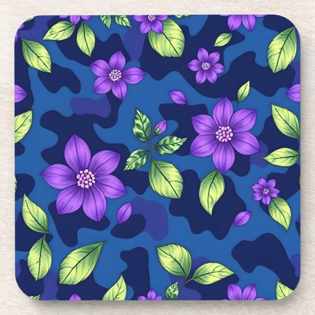 Plastic Metallic Blue Purple Flowers Camo Coaster  (Front)