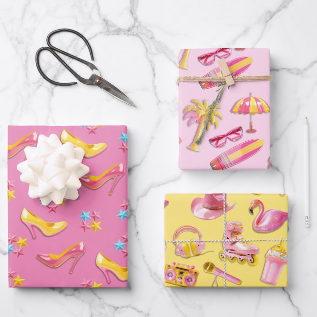 Plastic Pink Yellow Doll Toys Wrapping Paper Sheets (Front)