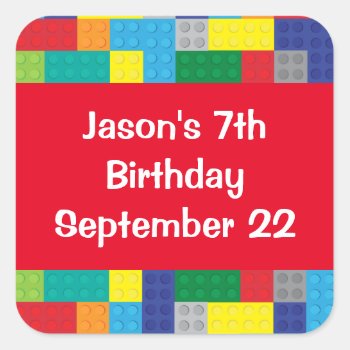 Plastic Toy Bricks Boy's Birthday Party Favor Square Sticker by DaisyPrint at Zazzle