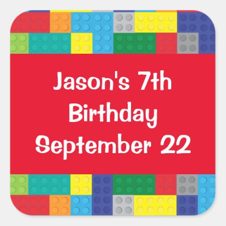 Plastic Toy Bricks Boy's Birthday Party Favor Square Sticker