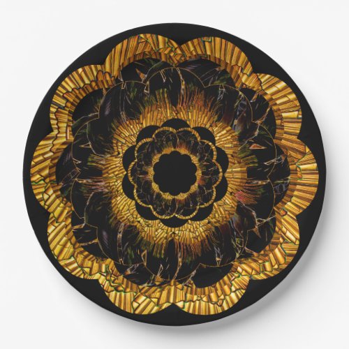 Plate Art Retro Flower Mandala Gold Black   
