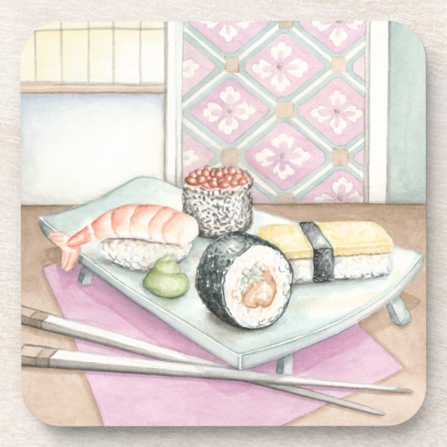 Plate of Assorted Sushi with Chopsticks Beverage Coaster (Front)