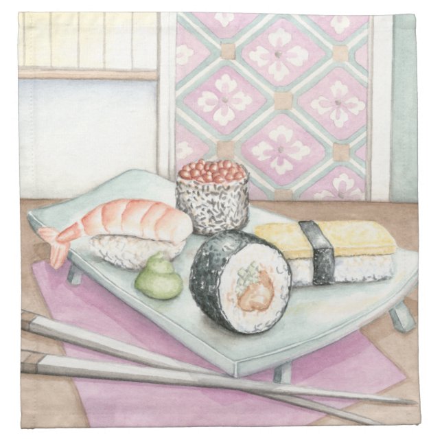Plate of Assorted Sushi with Chopsticks Cloth Napkin (Front)