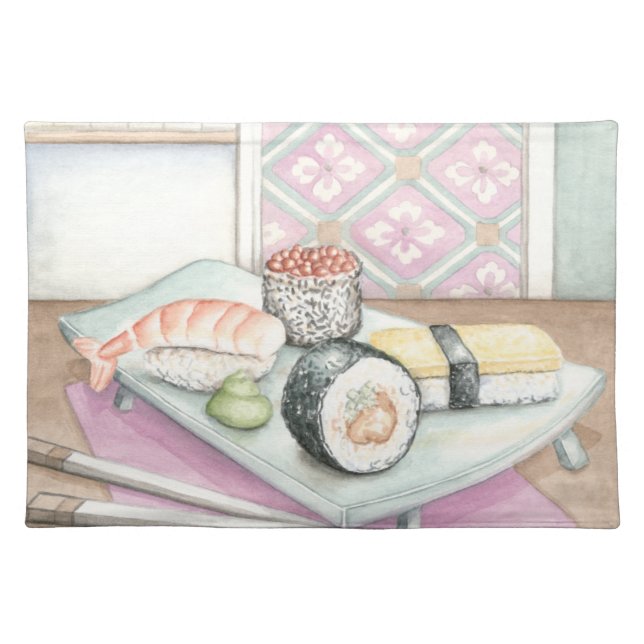Plate of Assorted Sushi with Chopsticks Cloth Placemat (Front)