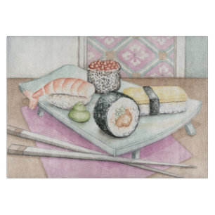 Plate of Assorted Sushi with Chopsticks Cutting Board
