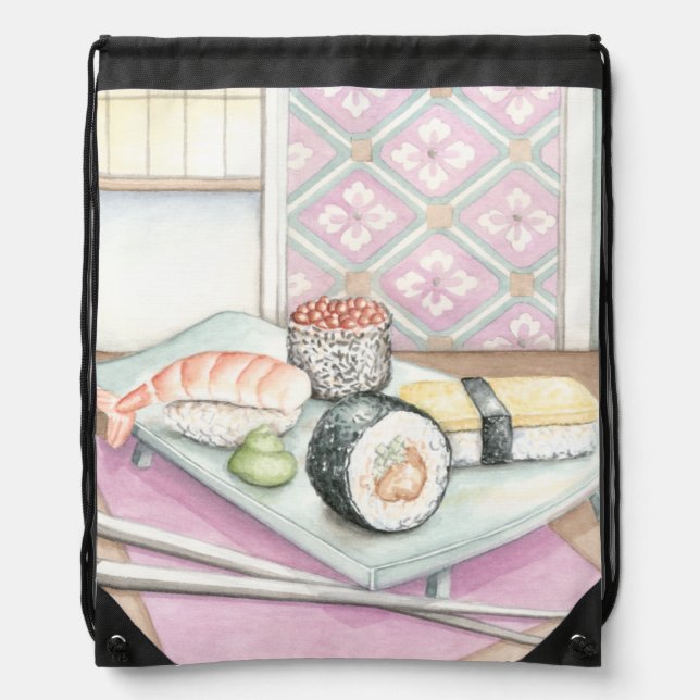 Plate of Assorted Sushi with Chopsticks Drawstring Bag (Front)