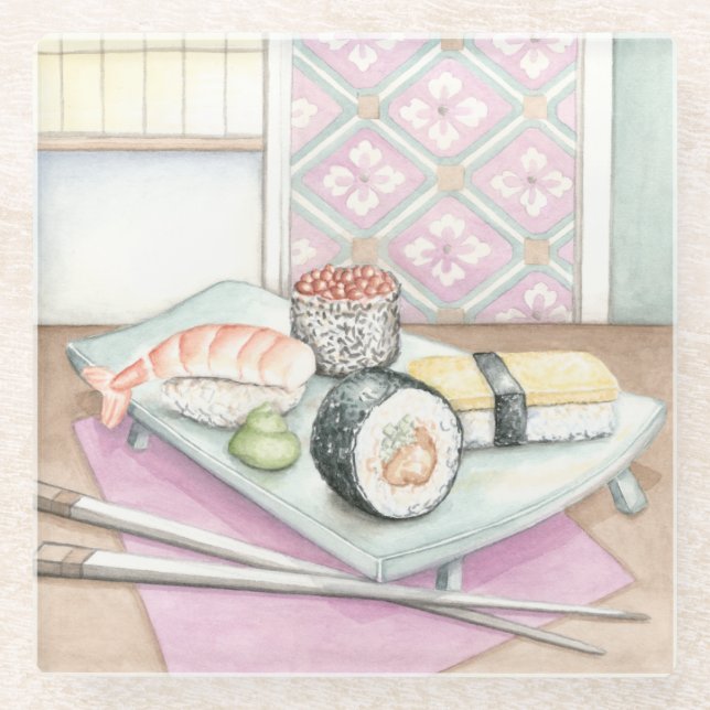 Plate of Assorted Sushi with Chopsticks Glass Coaster (Front)