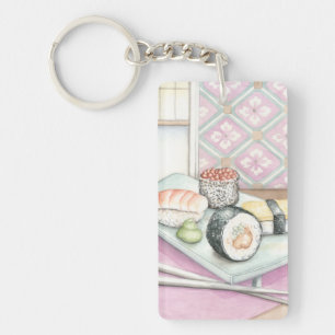 Plate of Assorted Sushi with Chopsticks Keychain